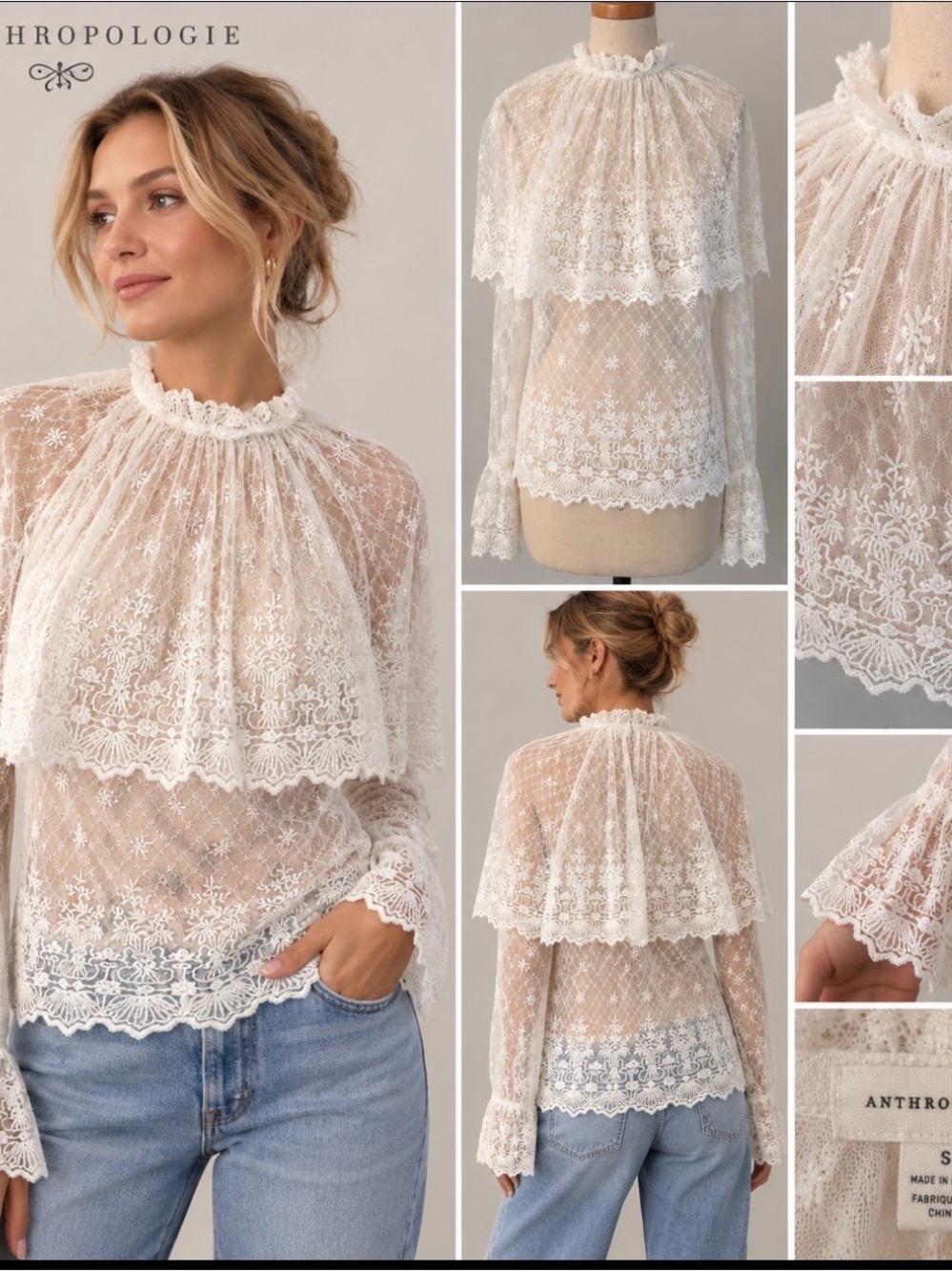 Anthropologie Ivory Lace Capelet Blouse
